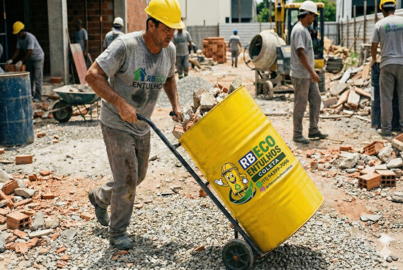 Trabalhador RB ECO ENTULHOS com tambor amarelo em obra