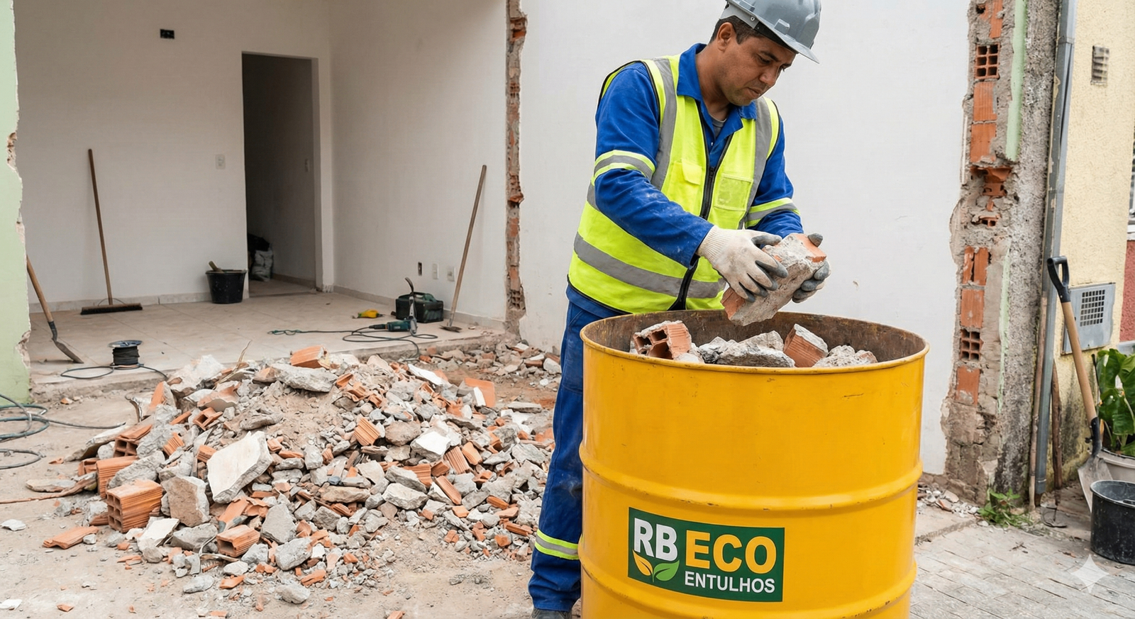 Trabalhador colocando entulho no tambor RB ECO ENTULHOS