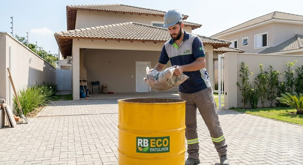 Trabalhador RB ECO ENTULHOS descartando entulho em residencia